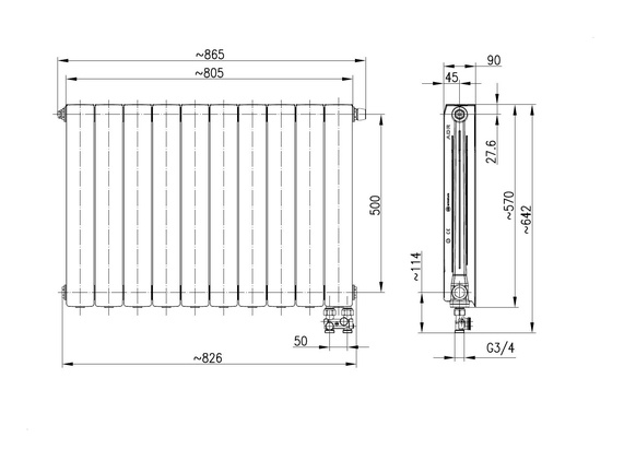 Grzejnik aluminiowy adr500/d/10 z dolnym prawym zasilaniem prostym
