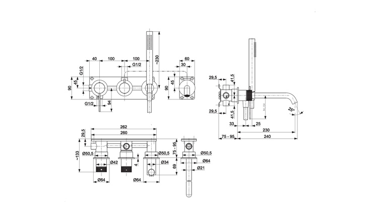 MOZA 316L zestaw wannowy podtynkowy z baterią 3-otworową 2-funkcyjną