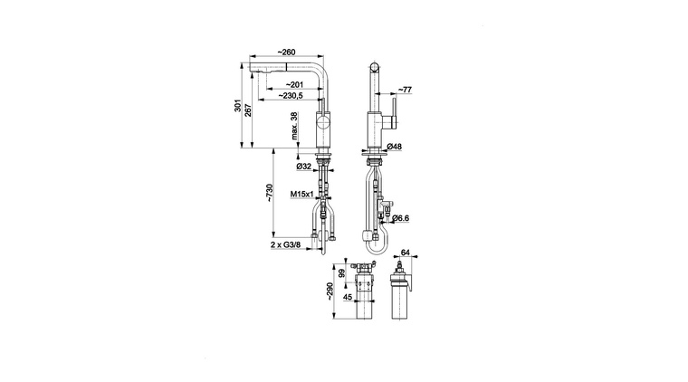 DUERO PURE BASIC bateria kuchenna z funkcją filtracji wody i wyciąganą wylewką, BRUSHED LIGHT GOLD + zestaw filtrujący PROFINE BLUE "S"