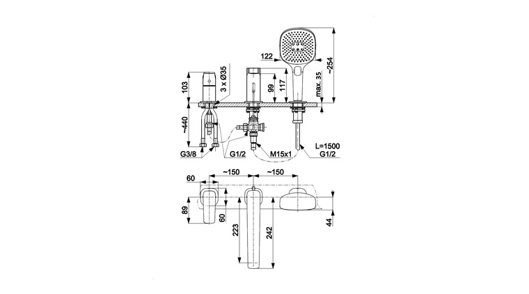 MALAGA CHROM bateria wannowa 3-otworowa