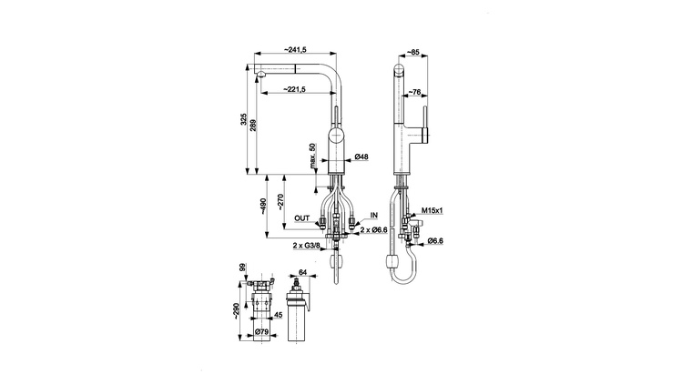 DUERO PURE MOVE bateria kuchenna z funkcją filtracji wody i wyciąganą wylewką, GUN METAL GREY + zestaw filtrujący PROFINE BLUE "S"