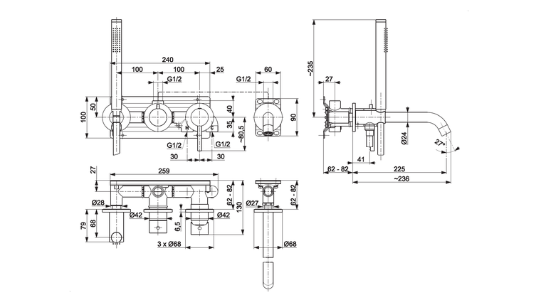 MOZA GUN METAL GREY zestaw wannowy podtynkowy z baterią 3-otworową 2-funkcyjną