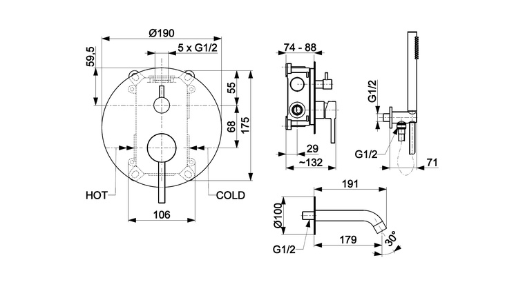 MOZA CHROM podtynkowy zestaw wannowy z baterią 3 funkcyjną