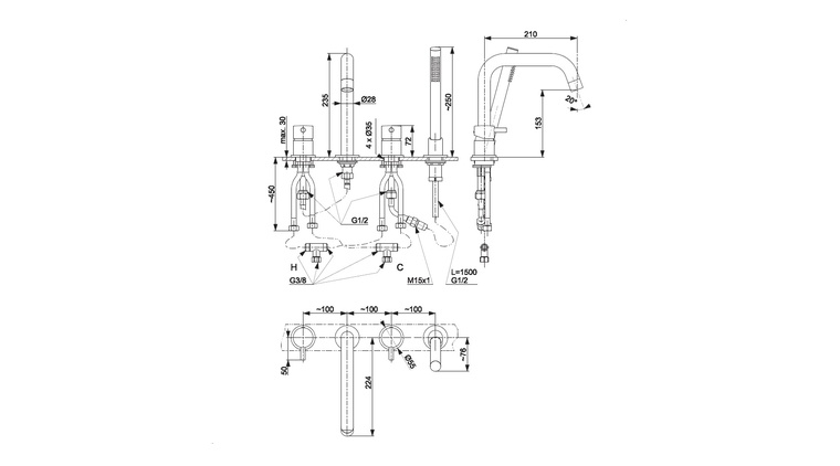 MOZA GUN METAL GREY bateria wannowa 4-otworowa