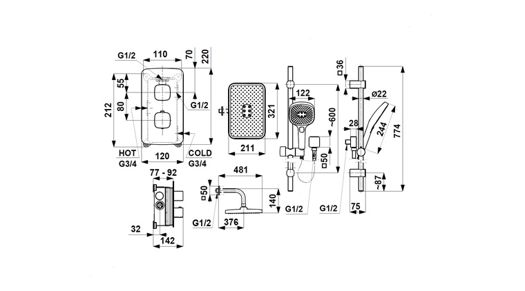 MALAGA BRUSHED LIGHT GOLD zestaw podtynkowy z baterią termostatyczną natryskową i natryskiem przesuwnym