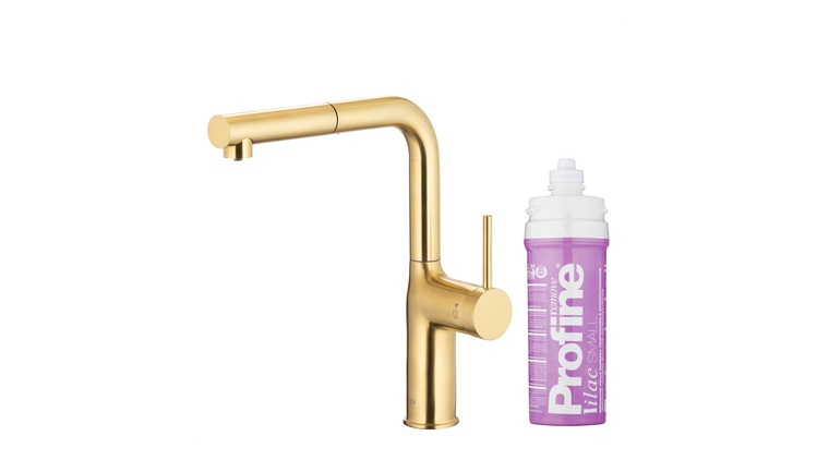 DUERO PURE MOVE bateria kuchenna z funkcją filtracji wody i wyciąganą wylewką, BRUSHED LIGHT GOLD + zestaw filtrujący PROFINE LILAC "S"