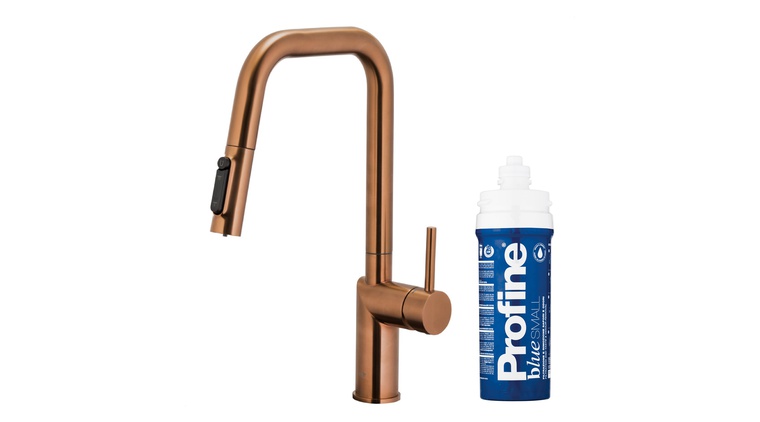 DUERO PURE STYLE bateria kuchenna z funkcją filtracji wody i wyciąganą wylewką, BRUSHED ROSE GOLD + zestaw filtrujący PROFINE BLUE "S"