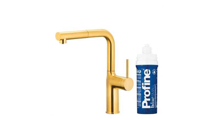 DUERO PURE MOVE bateria kuchenna z funkcją filtracji wody i wyciąganą wylewką, GOLD + zestaw filtrujący PROFINE BLUE "S"