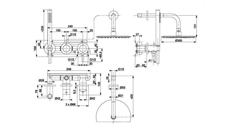 MOZA GUN METAL GREY zestaw prysznicowy podtynkowy z baterią 3-otworową 2-funkcyjną