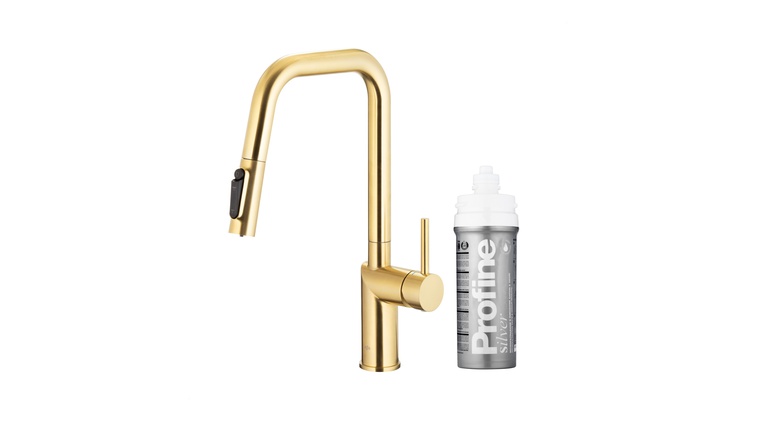DUERO PURE STYLE bateria kuchenna z funkcją filtracji wody i wyciąganą wylewką, BRUSHED LIGHT GOLD + zestaw filtrujący PROFINE SILVER "S"