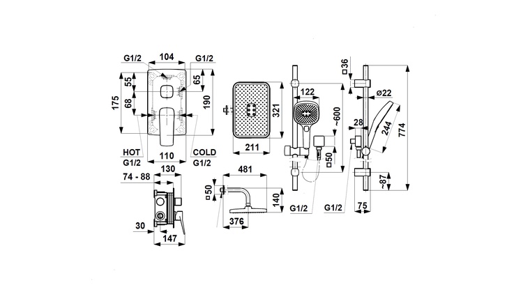 MALAGA BRUSHED LIGHT GOLD zestaw podtynkowy z baterią natryskową i natryskiem przesuwnym