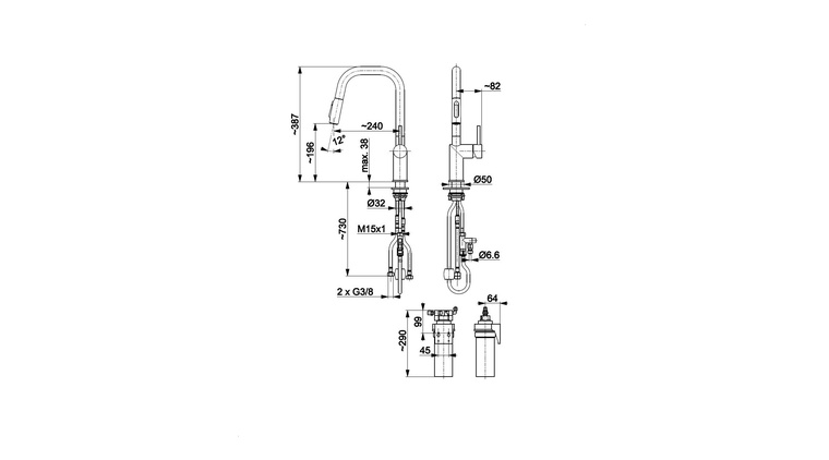 DUERO PURE STYLE bateria kuchenna z funkcją filtracji wody i wyciąganą wylewką, BRUSHED LIGHT GOLD + zestaw filtrujący PROFINE SILVER "S"
