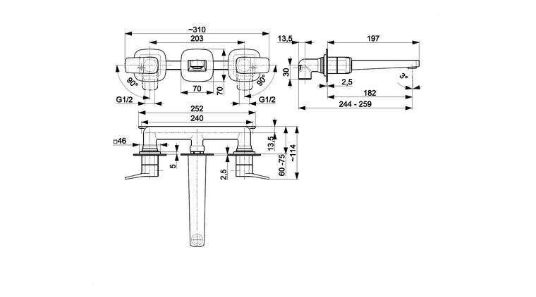 MALAGA CHROM bateria umywalkowa 3-otworowa ścienna