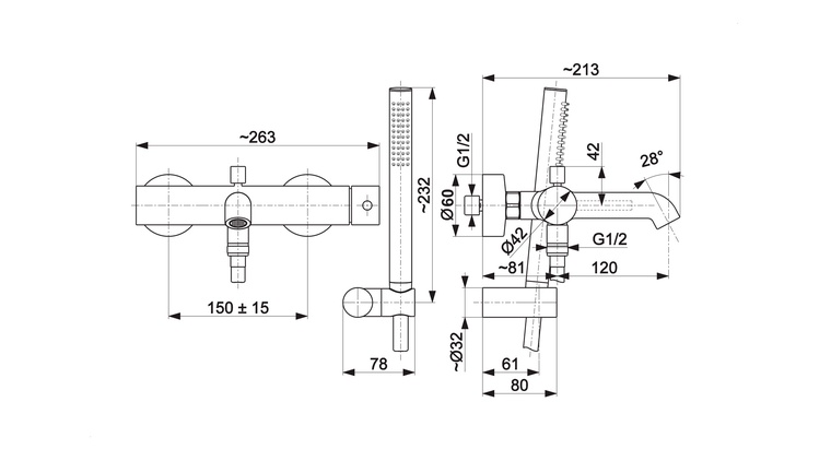 MOZA GUN METAL GREY bateria wannowa pozioma z natryskiem punktowym PREMIUM