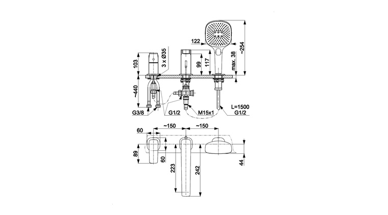 MALAGA CHROM bateria wannowa 3-otworowa