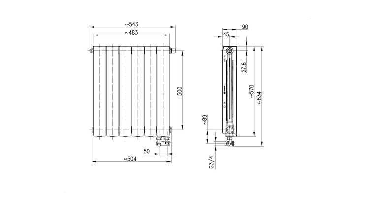 Grzejnik aluminiowy ADR500/D/6 z dolnym prawym zasilaniem kątowym