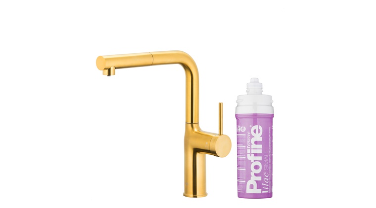 DUERO PURE MOVE bateria kuchenna z funkcją filtracji wody i wyciąganą wylewką, GOLD + zestaw filtrujący PROFINE LILAC "S"
