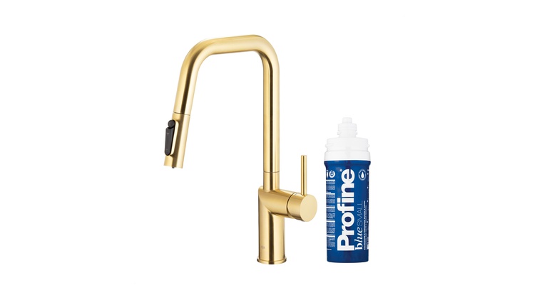 DUERO PURE STYLE bateria kuchenna z funkcją filtracji wody i wyciąganą wylewką, BRUSHED LUGHT GOLD + zestaw filtrujący PROFINE BLUE "S"