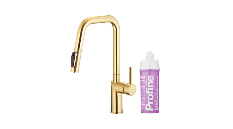 DUERO PURE STYLE bateria kuchenna z funkcją filtracji wody i wyciąganą wylewką, BRUSHED LIGHT GOLD + zestaw filtrujący PROFINE LILAC "S"