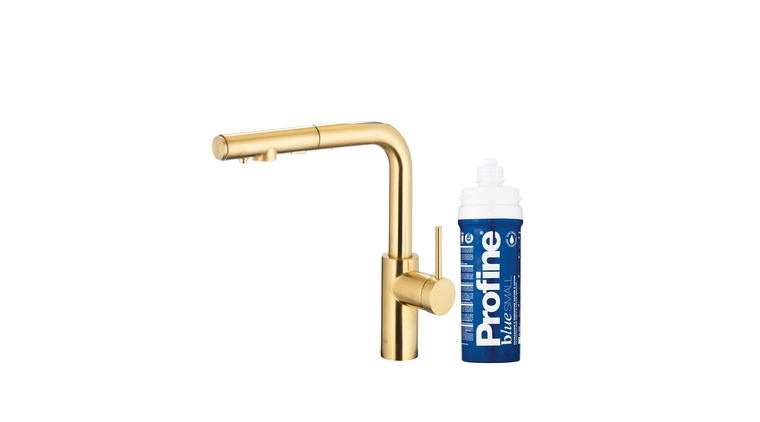 DUERO PURE BASIC bateria kuchenna z funkcją filtracji wody i wyciąganą wylewką, BRUSHED LIGHT GOLD + zestaw filtrujący PROFINE BLUE "S"