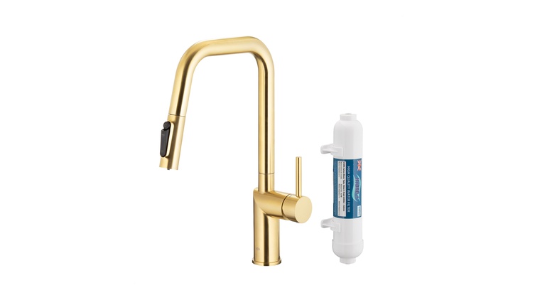 DUERO PURE STYLE bateria kuchenna z funkcją filtracji wody i wyciąganą wylewką, BRUSHED LIGHT GOLD filtr HYDRO+