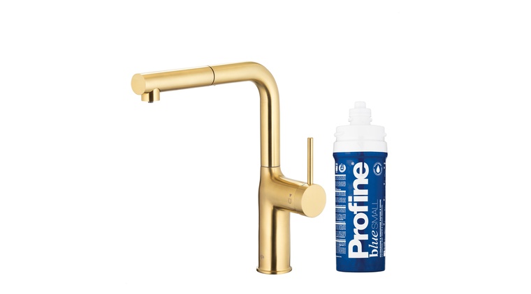 DUERO PURE MOVE bateria kuchenna z funkcją filtracji wody i wyciąganą wylewką, BRUSHED LIGHT GOLD + zestaw filtrujący PROFINE BLUE "S"